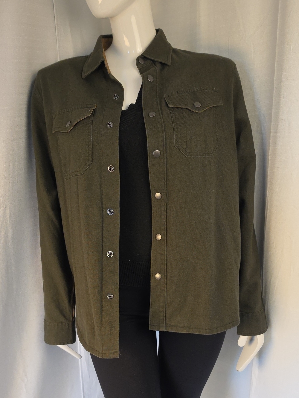 LL Bean Signature Slim Fit 100% Cotton Green/Brown Snap Front Jacket Size Large